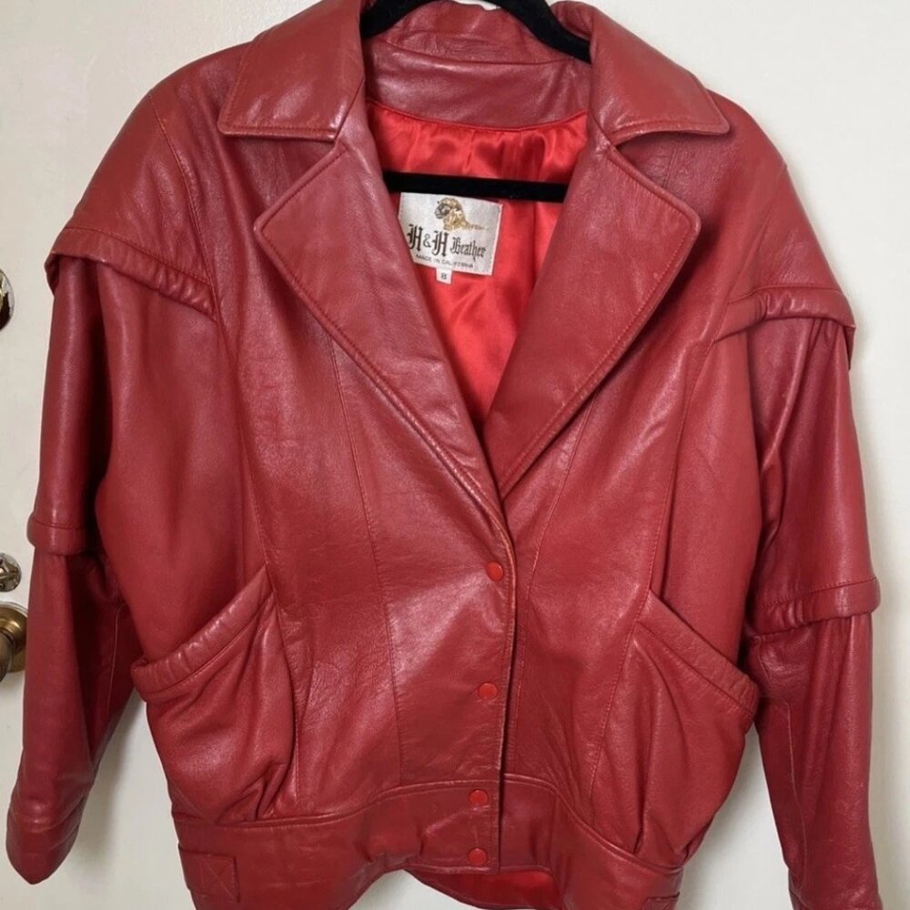 Vintage 80s H&H Red Leather Jacket Women’s 8 Oversized Batwing